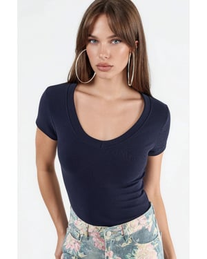 Elastische V-hals Korte Mouw T-Shirt