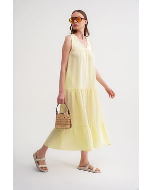 Mouwloze V-hals Muslin Midi-jurk met zakken