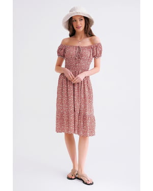 Schouderloze Bloemen Geborduurde Taille Puff Mouw Midi Jurk
