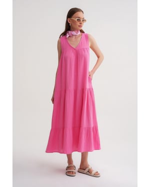 Mouwloze V-hals Muslin Midi-jurk met zakken