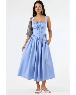 Midi-jurk met vierkante kraag en knoopdetails