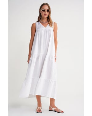 Mouwloze V-hals Muslin Midi-jurk met Zakken