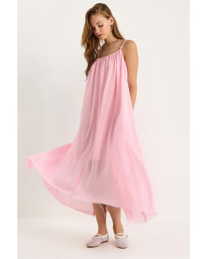Effen Spaghetti Draagband Muslin Midi Jurk met Transparante Zoom