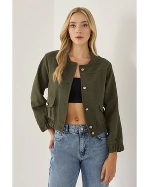 Tweed Round Neck Jacket with a Pocket Detail