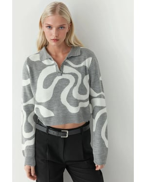 Polo Collar Jacquard Knit Sweater