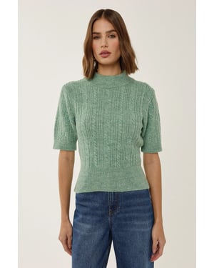 Short Sleeve Half Turtleneck Hair Braid Knit Sweater