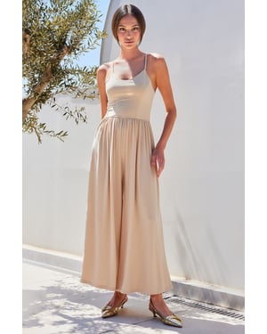 Ontspannen Pasvorm U-Hals Wijde Pijpen Jumpsuit