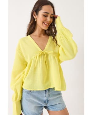 Gestructureerde V-hals Crop Blouse met Strik