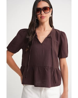 Gestructureerde Mousseline Crew Neck Blouse met Binding Detail