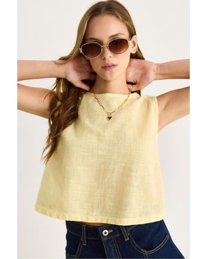 Linnenmix Korte Mouwen Crewneck Blouse