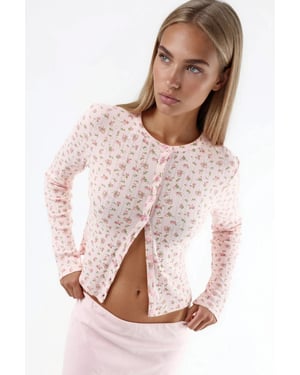 Bloemrijke Geribbelde Cropped Blouse met Knopenclosure