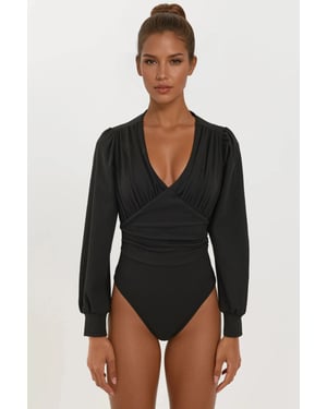 Slim Fit V-ringad Bodysuit med Ballongärmar