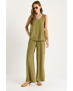 V-hals Katoenen Blouse-Broek Twee-Piece Set