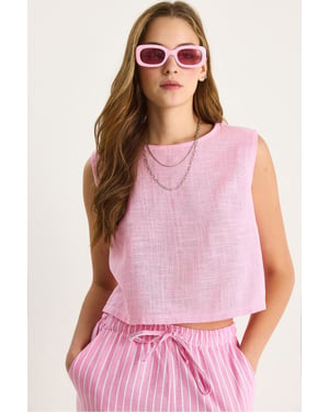 Linen Blend Cropped Crew Neck Blouse