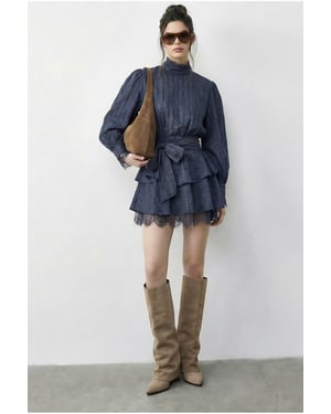 Textured Mini Dress with Half Turtleneck and Lace Detail