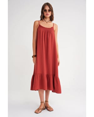 Midi Musselin Jurk met Rimpeldetails