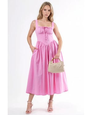 Midi Dress with Square Collar and Button Detail