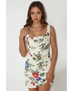 Bodycon Mini-jurk met Vierkante Kraag en Bloemenprint
