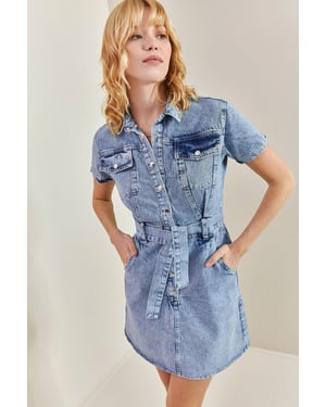 Mini Denim Jurk met Overhemdkraag en Tailleband