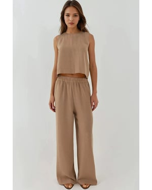Linen Feel Blouse & Elastic Waist Pants Two-Piece Coord Set