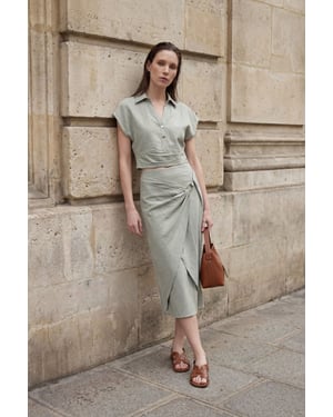 Linnenmix Cropped Blouse & Accessoire Detail Midi Rok Twee-Delige Set