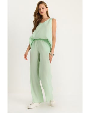 V-hals Katoenen Blouse-Broek Twee-Piece Set