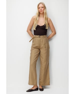 Hoge Taille Geweven Wijde Pijpen Broek met Ceintuur