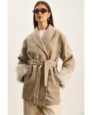 Oversized Shawl Collar Felt Jacket with Faux Fur Cuffs