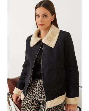 Faux Suede Zip-Up Jacka med Sherpa Detaljer
