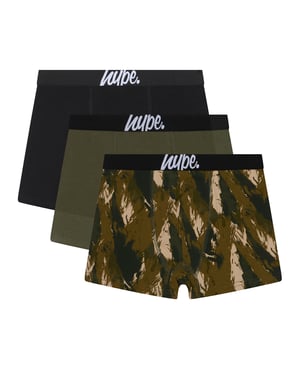 3 Pack Boys Boxers Black, Olive & All Over Print Soft Breathable Underwear