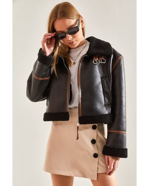 Faux Leather Boxy Crop Jacket with Shawl Collar