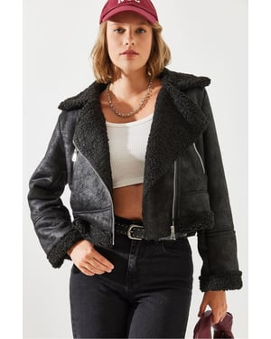 Faux leather kort jacka med sjalkrage