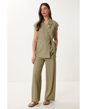 Hoge Taille Twee-delige Set met Kraag en Wijde Pantalons