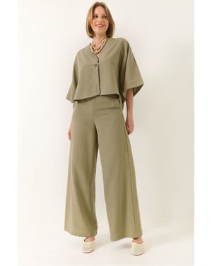 V-hals Tuniek en Wijde Pantalon Twee-Delige Set