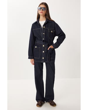 Bälte Denimjacka och Vida Byxor Tvådelat Set