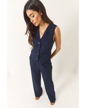 Gestructureerde V-hals Lange Co-Ord Set met Knopsluiting