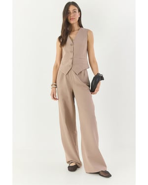 V-hals Vest en Wijde Pantalon Twee-delige Coord Set