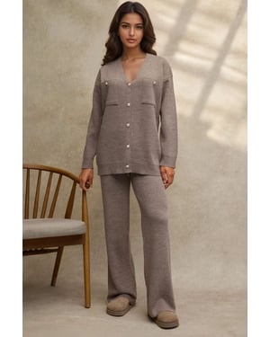 V-hals Cardigan & Hoge Taille Wijde Pantalon Gebreid Set
