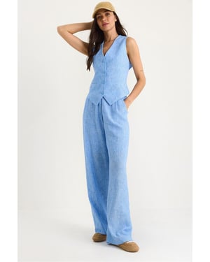 V-hals Vest en Wijde Pantalon Twee-delige Coord Set