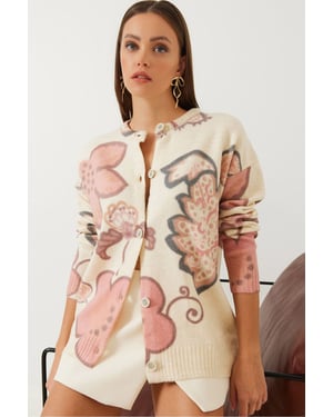 Textured Bloeiende Brei Cardigan met Knopen