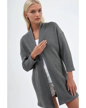 Long Ribbed Knit Cardigan with Open Collar