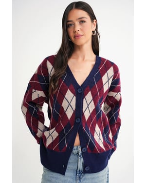 Oversized Argyle V-hals Geknoopte Cardigan