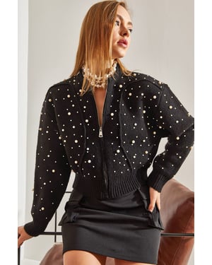 Pearl Embellished Zip-Up Crop Cardigan