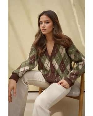 Lange V-hals Geometrische Trui Cardigan met Knopen