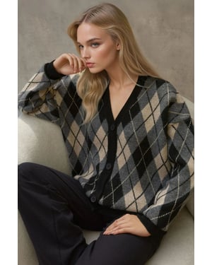 Lange V-hals Geometrische Gebreide Cardigan met Knopen
