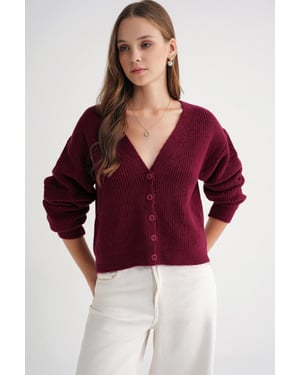 Textuur V-hals Knopen Cardigan