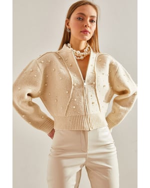 Pearl Embellished Zip-Up Crop Cardigan