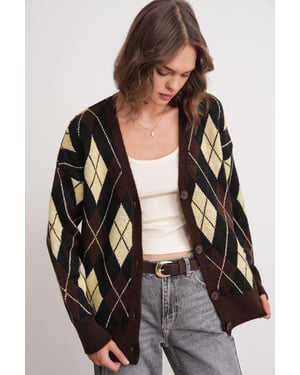 Oversized Argyle V-hals Knopen Cardigan