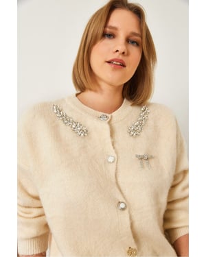 Versierde Ronde Hals Lange Mouw Cardigan