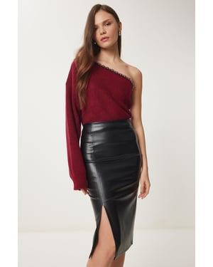 Hooggetailleerde nep leren midi rok met split